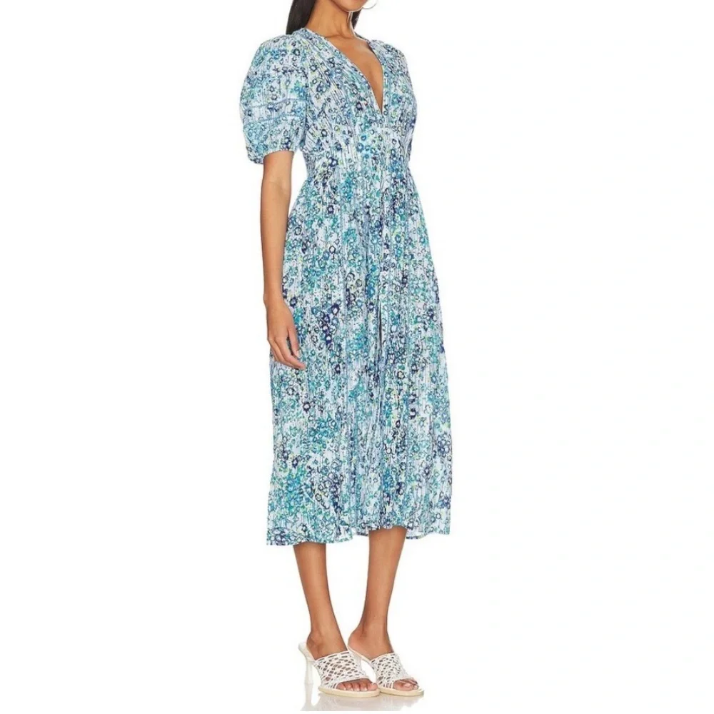 Poupette St Barth Reine Midi Dress in Blue Aquarelle Size Medium